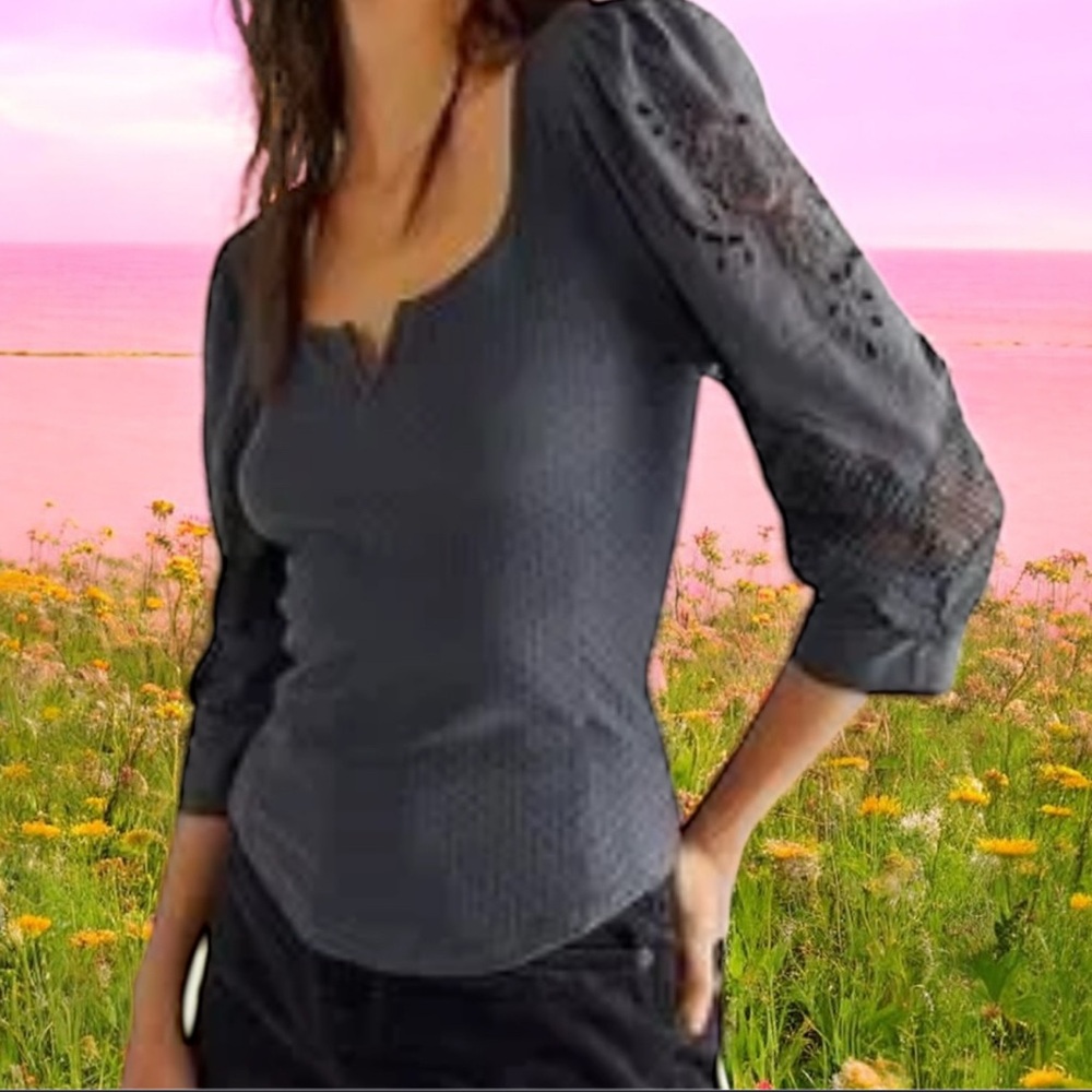 Free People Gray Embellished 3/4 Sleeve Fitted Blouse size medium